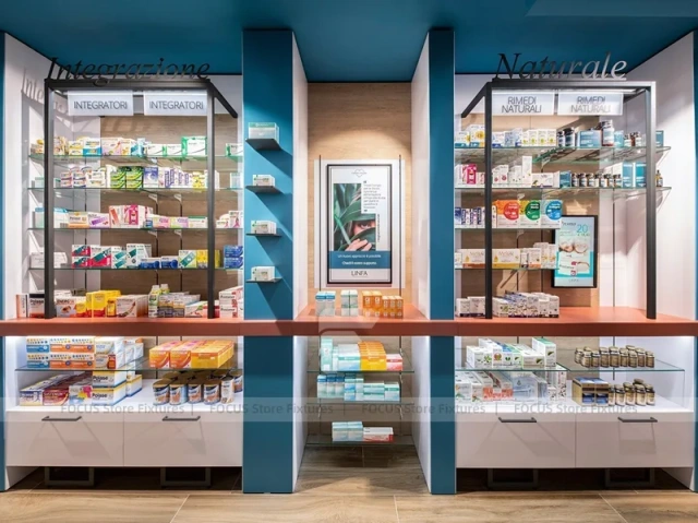 Cyan Blue Pharmacy Glass Door Retail Shelving Design