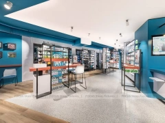 Cyan Blue Pharmacy Glass Door Retail Shelving Design