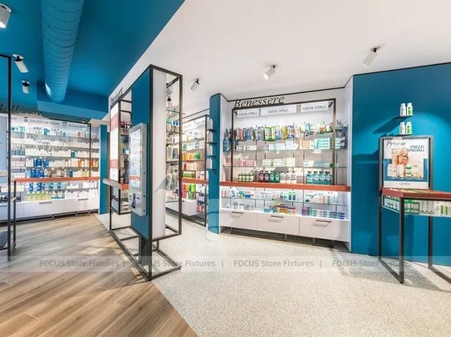 Cyan Blue Pharmacy Glass Door Retail Shelving Design