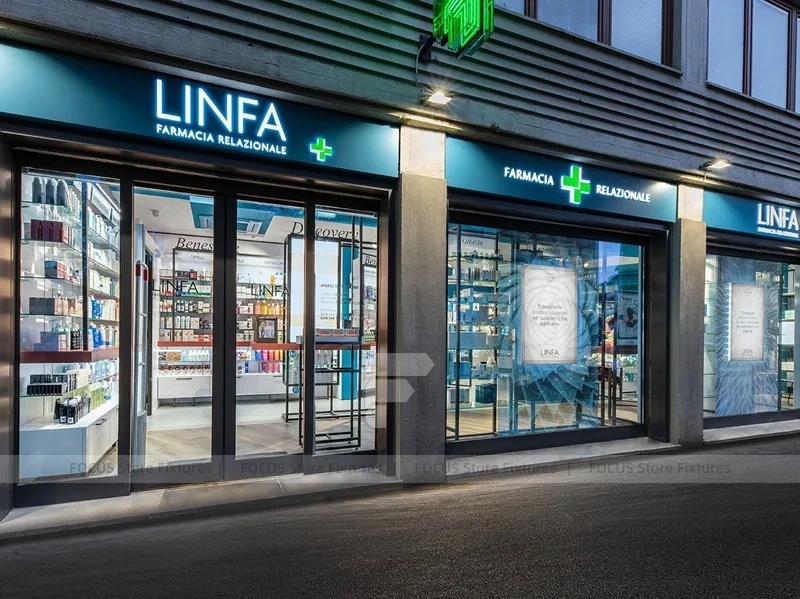 Cyan Blue Pharmacy Glass Door Retail Shelving Design