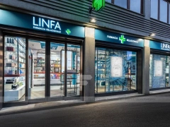 Cyan Blue Pharmacy Glass Door Retail Shelving Design