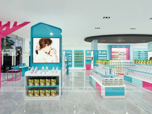 Cyan Pink Pharmacy Beauty Retail Shelving Interior