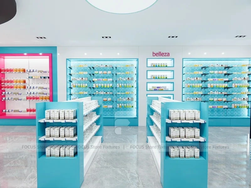Cyan Pink Pharmacy Beauty Retail Shelving Interior