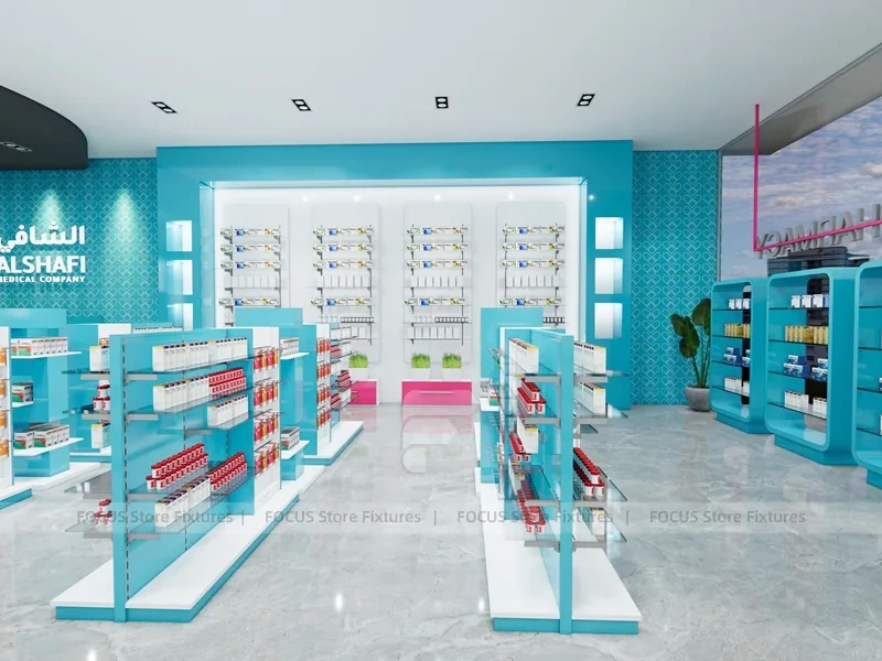 Cyan Pink Pharmacy Beauty Retail Shelving Interior