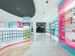 Cyan Pink Pharmacy Beauty Retail Shelving Interior