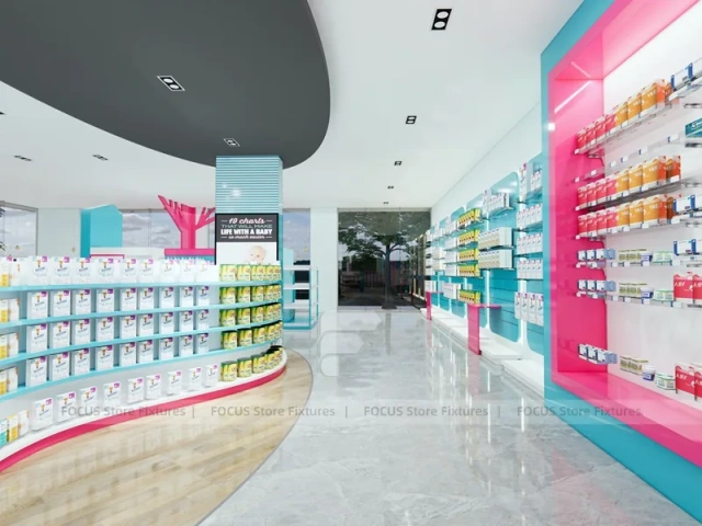 Cyan Pink Pharmacy Beauty Retail Shelving Interior