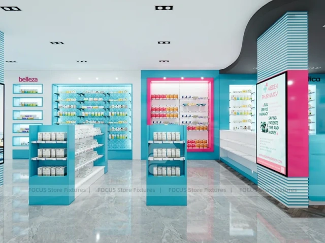 Cyan Pink Pharmacy Retail Counter and Wall Shelving