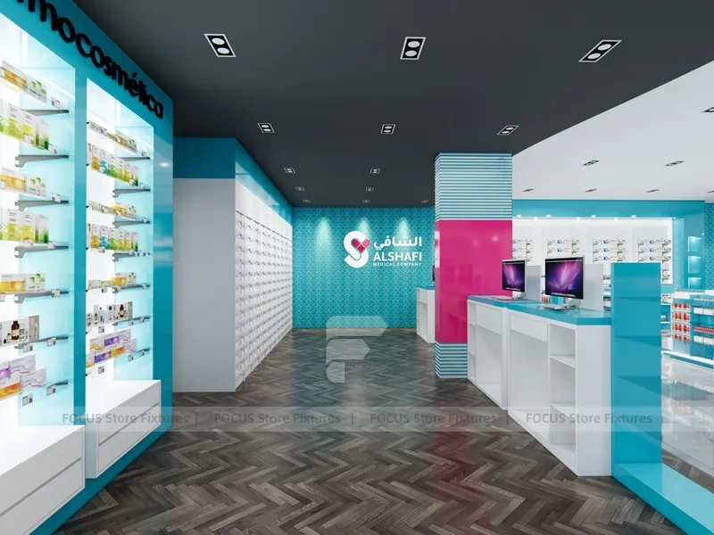 Cyan Pink Pharmacy Retail Counter and Wall Shelving