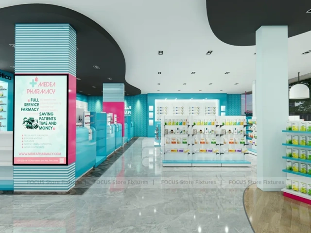 Cyan Pink Pharmacy Store Layout with Curved Wall Shelves