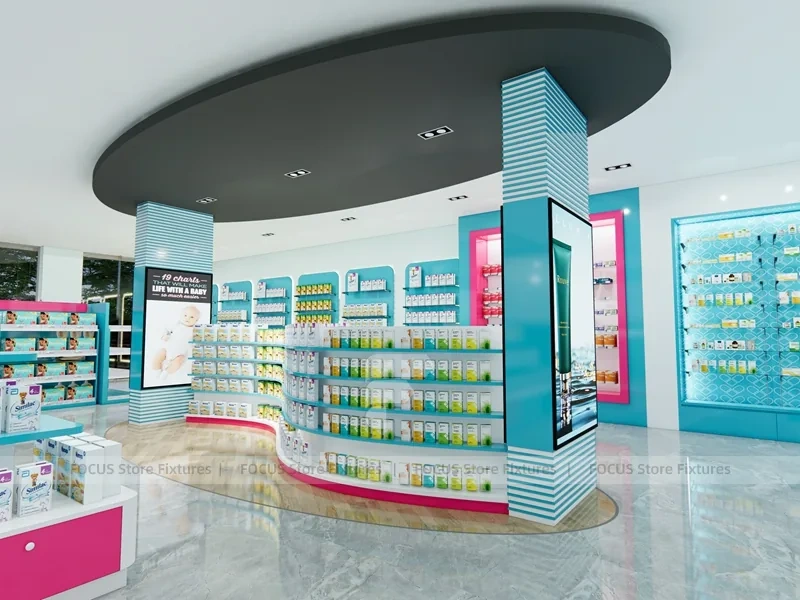Cyan Pink Pharmacy Store Layout with Curved Wall Shelves