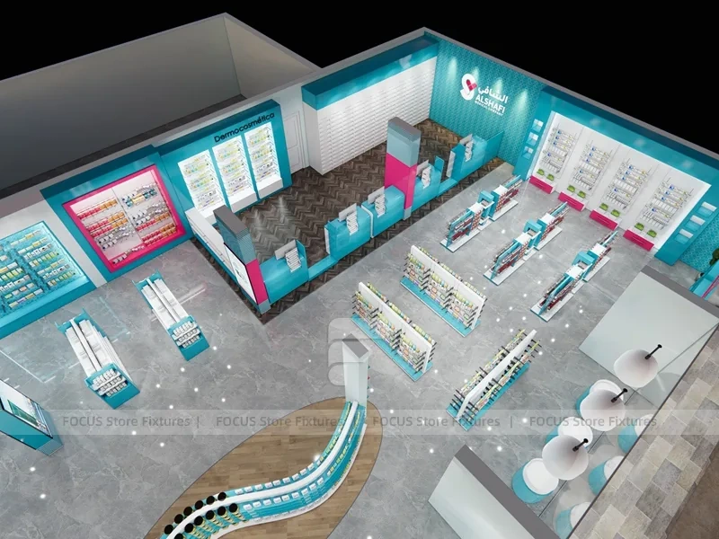 Cyan Pink Pharmacy Store Layout with Curved Wall Shelves