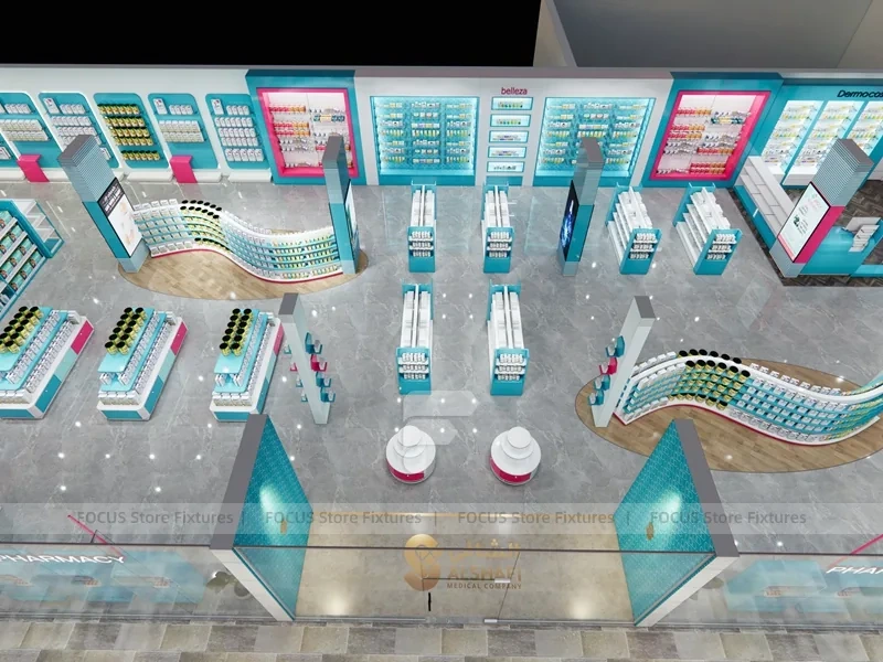 Cyan Pink Pharmacy Store Layout with Curved Wall Shelves