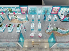 Cyan Pink Pharmacy Store Layout with Curved Wall Shelves