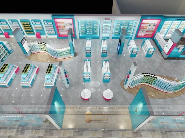 Cyan Pink Pharmacy Store Layout with Curved Wall Shelves