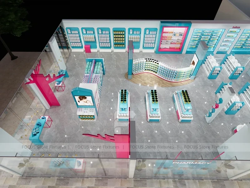 Cyan Pink Pharmacy Store Layout with Curved Wall Shelves