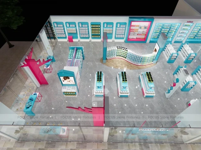Cyan Pink Pharmacy Store Layout with Curved Wall Shelves