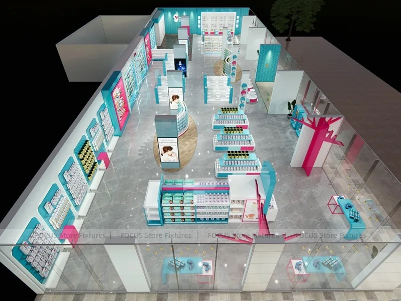 Cyan Pink Pharmacy Store Layout with Curved Wall Shelves