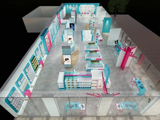 Cyan Pink Pharmacy Store Layout with Curved Wall Shelves