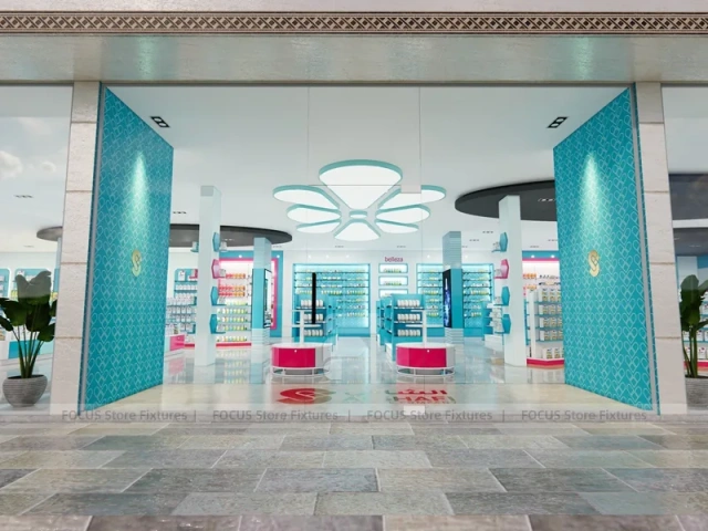 Cyan Pink Pharmacy Store Layout with Curved Wall Shelves