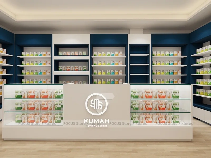 Dark Blue Pharmacy Counter and Wall Shelving Interior