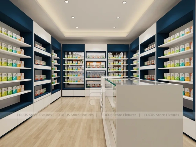 Dark Blue Pharmacy Counter and Wall Shelving Interior