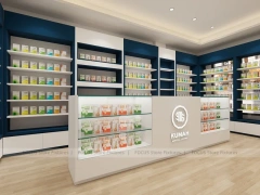 Dark Blue Pharmacy Counter and Wall Shelving Interior