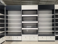 Dark Blue Pharmacy Counter and Wall Shelving Interior