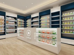Dark Blue Pharmacy Counter and Wall Shelving Interior