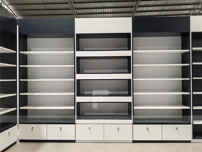 Dark Gray Pharmacy Counter and Wall Shelf Fixture Set