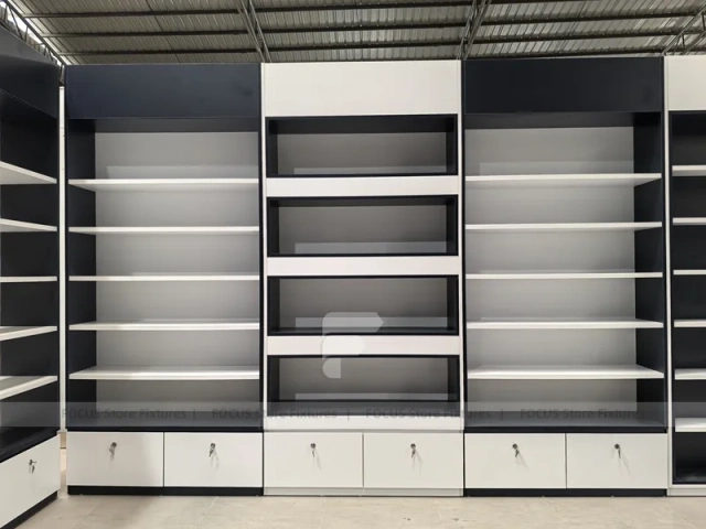 Dark Gray Pharmacy Counter and Wall Shelf Fixture Set