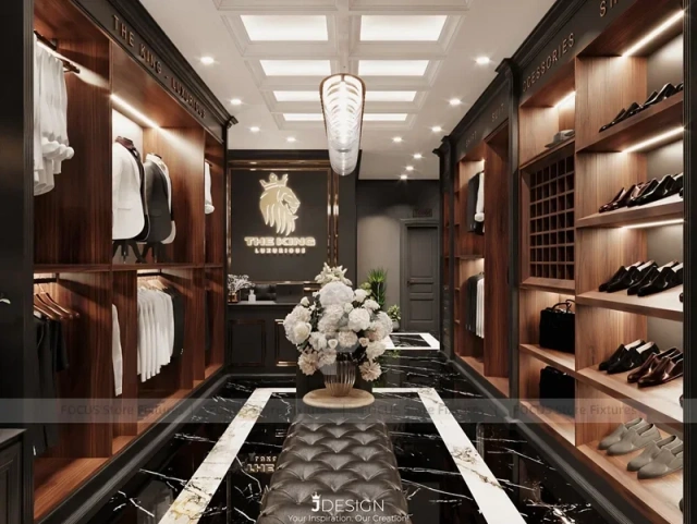 Dark Wood Luxury Menswear Wall Shelving Store