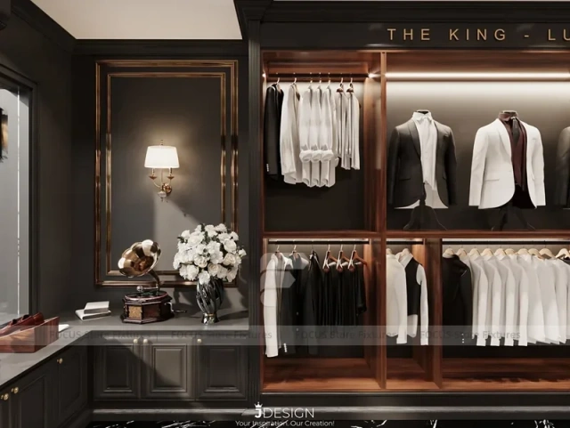 Dark Wood Luxury Menswear Wall Shelving Store
