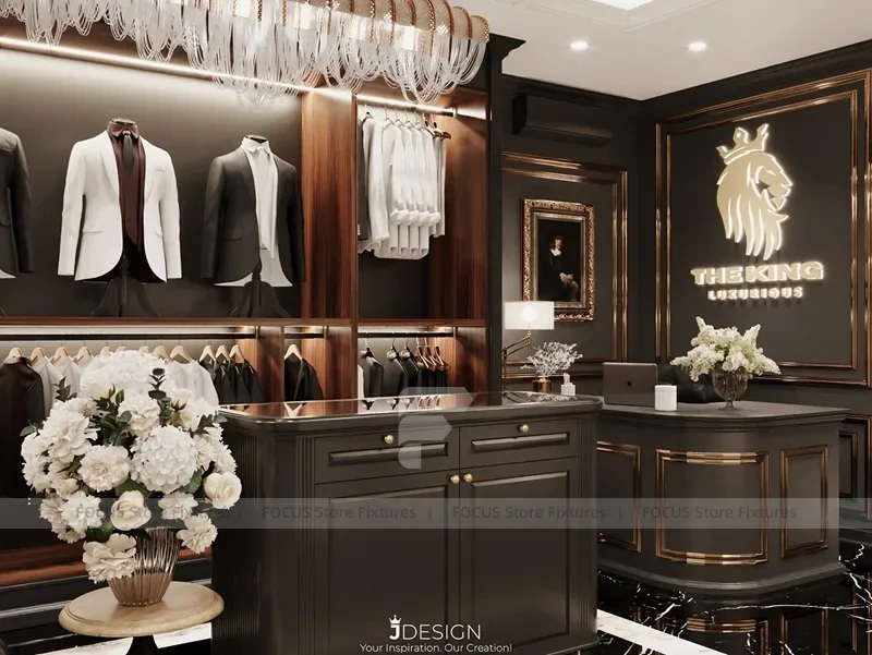 Dark Wood Luxury Menswear Wall Shelving Store