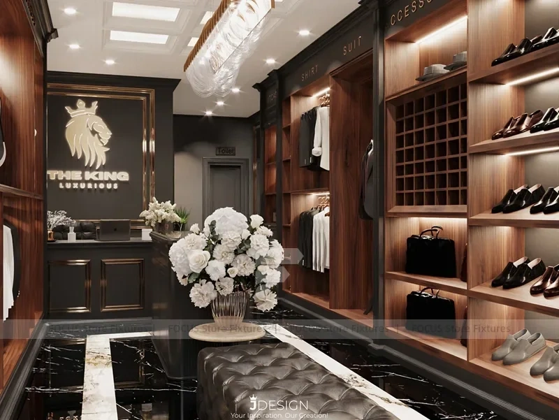 Dark Wood Luxury Menswear Wall Shelving Store