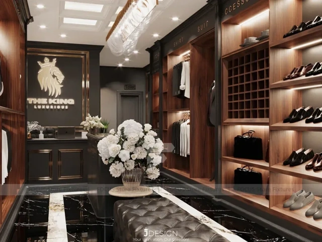 Dark Wood Luxury Menswear Wall Shelving Store