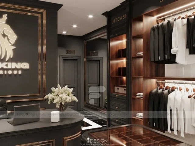 Dark Wood Luxury Menswear Wall Shelving Store