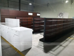 Dark Wood Pharmacy Wall Shelf and Counter Fixture Set