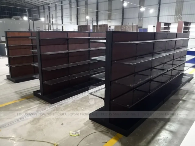 Dark Wood Pharmacy Wall Shelf and Counter Fixture Set