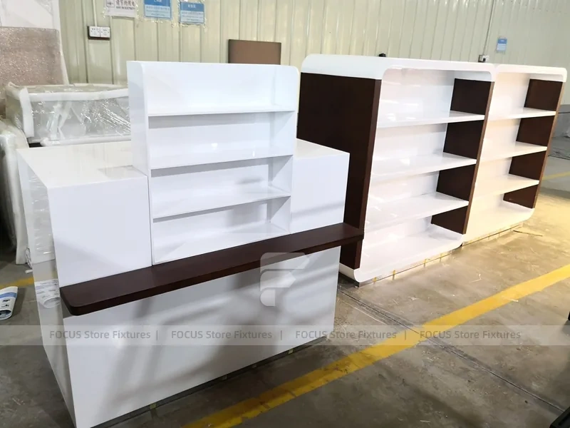 Dark Wood Pharmacy Wall Shelf and Counter Fixture Set