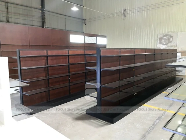 Dark Wood Pharmacy Wall Shelf and Counter Fixture Set