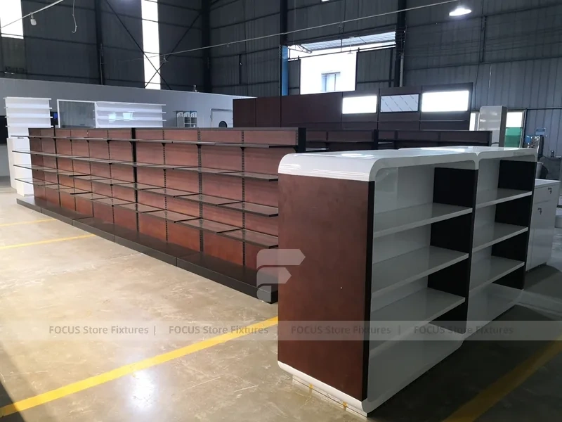 Dark Wood Pharmacy Wall Shelf and Counter Fixture Set