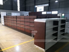 Dark Wood Pharmacy Wall Shelf and Counter Fixture Set