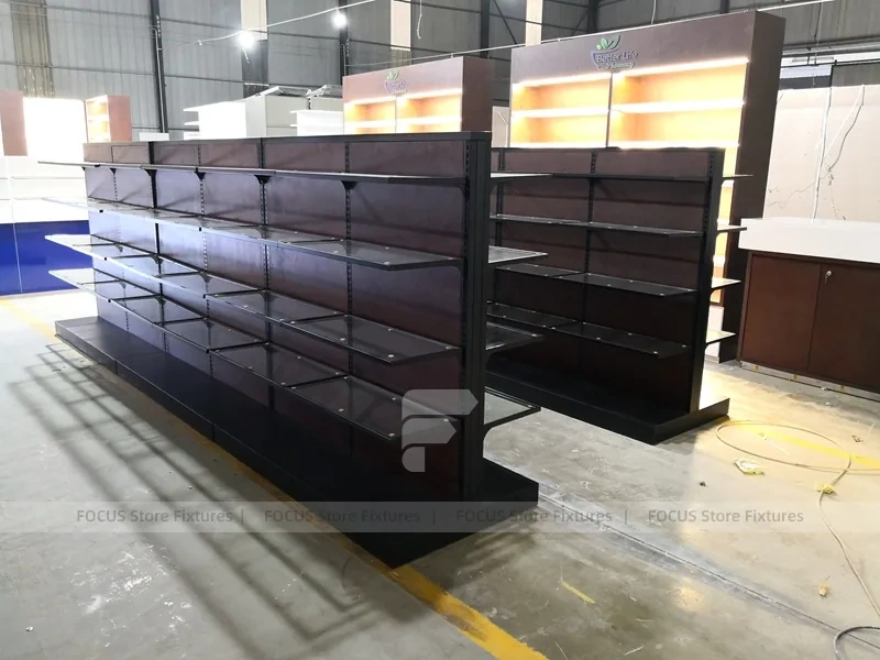 Dark Wood Pharmacy Wall Shelf and Counter Fixture Set