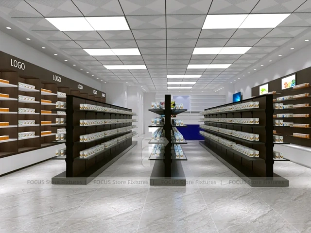 Dark Wood Pharmacy Wall Shelving and Central Gondolas