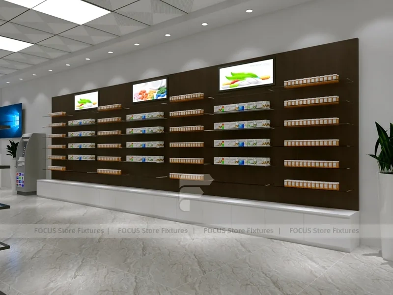 Dark Wood Pharmacy Wall Shelving and Central Gondolas
