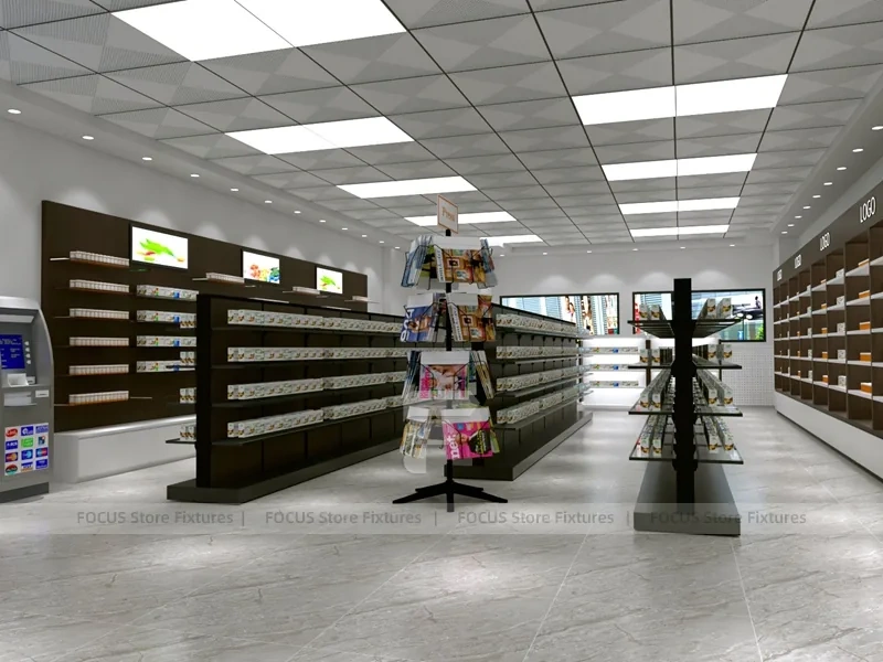 Dark Wood Pharmacy Wall Shelving and Central Gondolas