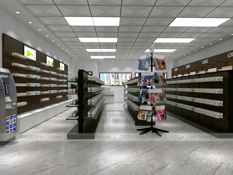 Dark Wood Pharmacy Wall Shelving and Central Gondolas