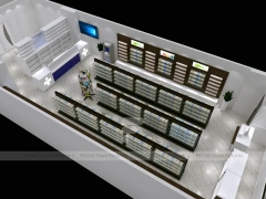 Dark Wood Pharmacy Wall Shelving and Central Gondolas