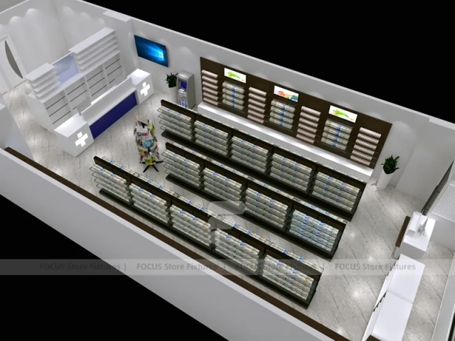 Dark Wood Pharmacy Wall Shelving and Central Gondolas