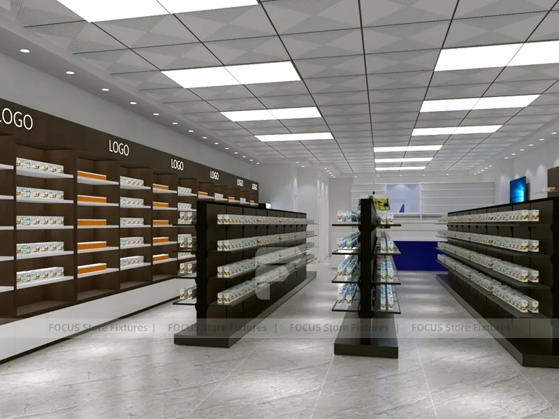 Dark Wood Pharmacy Wall Shelving and Central Gondolas